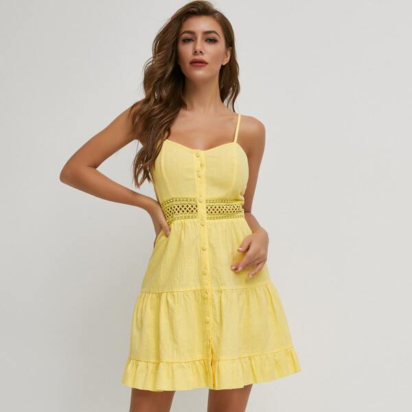 

Buttoned Front Guipure Lace Insert Ruffle Hem Slip Dress, Yellow