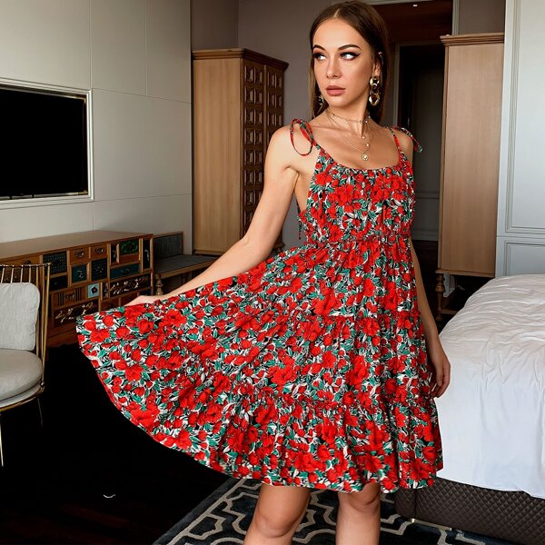 

Knot Strap Shirred Back Frill Trim Floral Slip Dress, Multicolor
