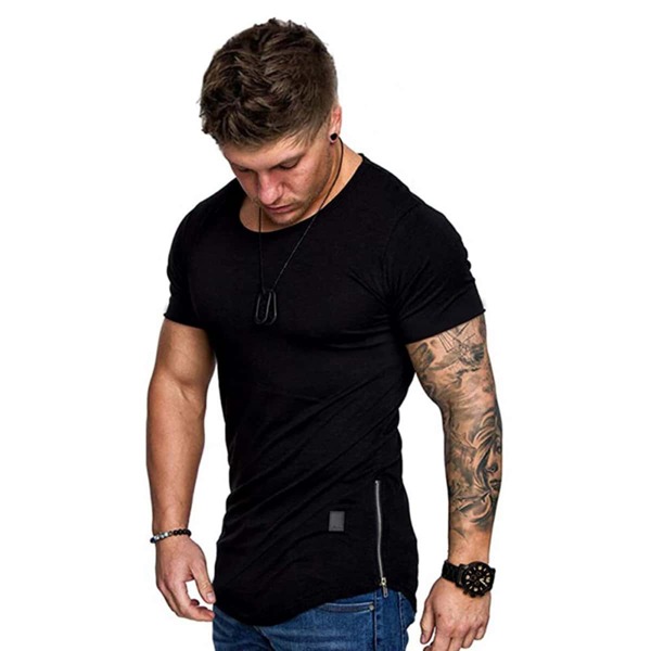 

Men Solid Zipper Detail Patched Tee, Black