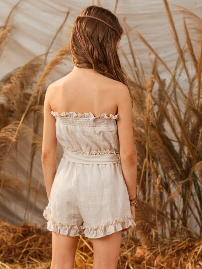 Girls Frill Trim Shirred Panel Self Belted Tube Romper