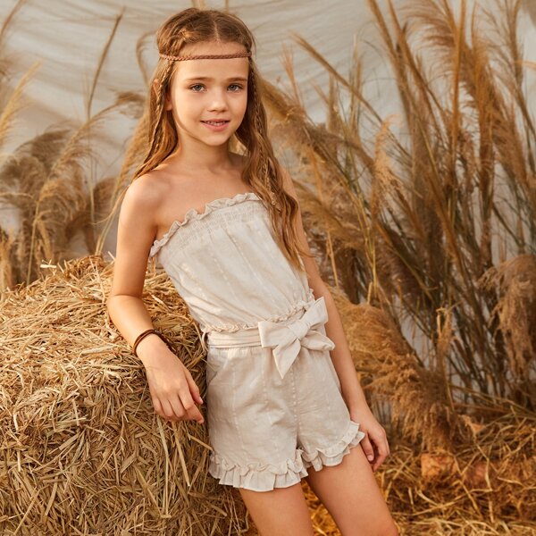 

Girls Frill Trim Shirred Panel Self Belted Tube Romper, Apricot