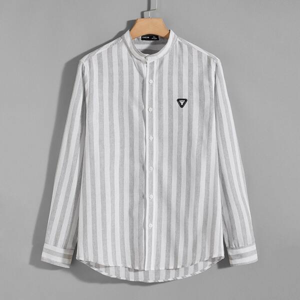 

Men Patched Detail Striped Shirt, Light grey