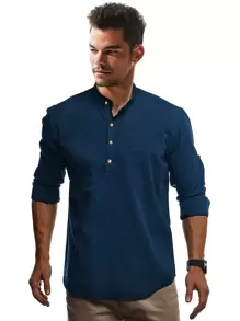 Manfinity Men Solid Half Button Shirt - Navy Blue - View 1