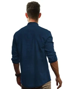 Manfinity Men Solid Half Button Shirt - Navy Blue - View 2