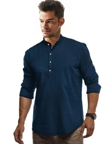 Manfinity Men Solid Half Button Shirt - Navy Blue - View 3