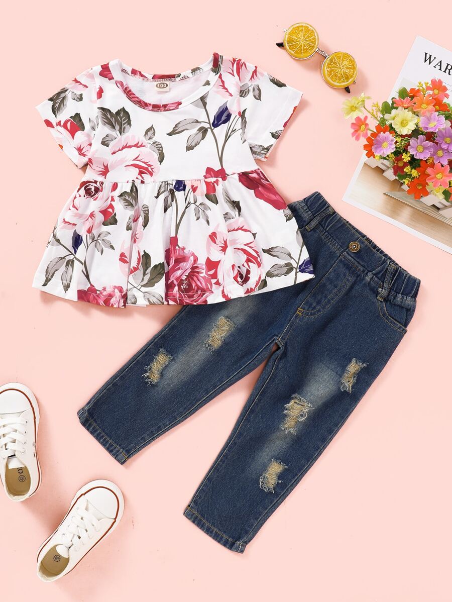 Toddler Girls Floral Print Blouse With Ripped Jeans - Multicolor - View 1