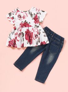 Toddler Girls Floral Print Blouse With Ripped Jeans - Multicolor - View 2