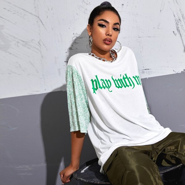 

Slogan Print Graphic Sleeve Oversized Longline Tee, White