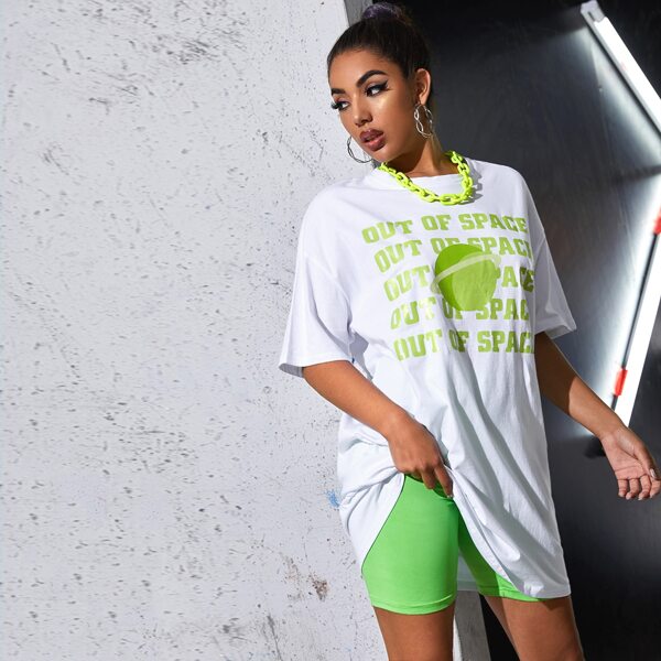 

Saturn and Slogan Graphic Drop Shoulder Oversized Longline Tee, White