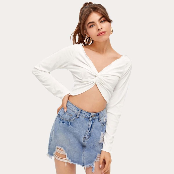 

Декоративный край Одноцветный Повседневный Футболки, Белый