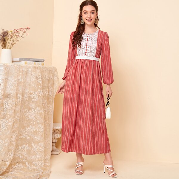 

Lace Panel Puff Sleeve Striped Chiffon A-line Dress, Red