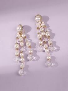SHEIN MOD Faux Pearl Bead Drop Earrings - Yellow Gold - View 2