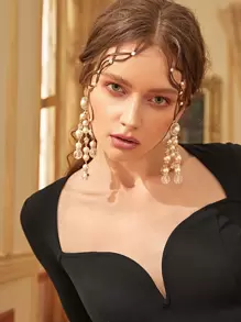 SHEIN MOD Faux Pearl Bead Drop Earrings - Yellow Gold - View 3