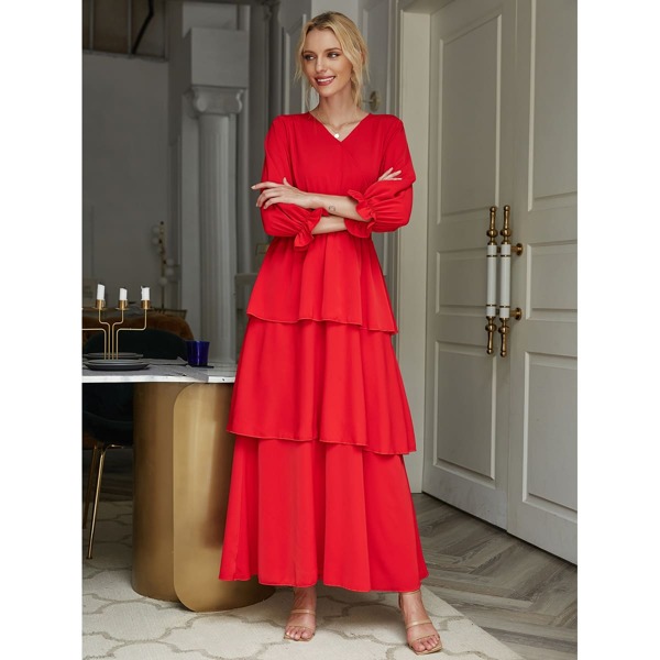 

Flounce Sleeve Shirred Waist Layered Dress, Red