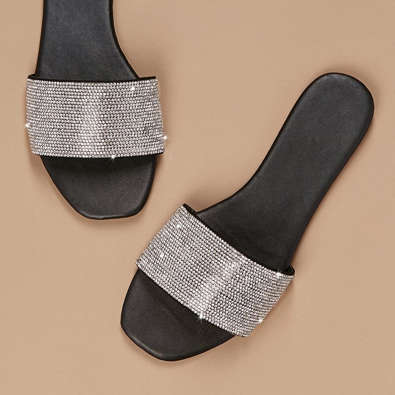 

Open Toe Rhinestone Band Flat Slide Sandals, Black