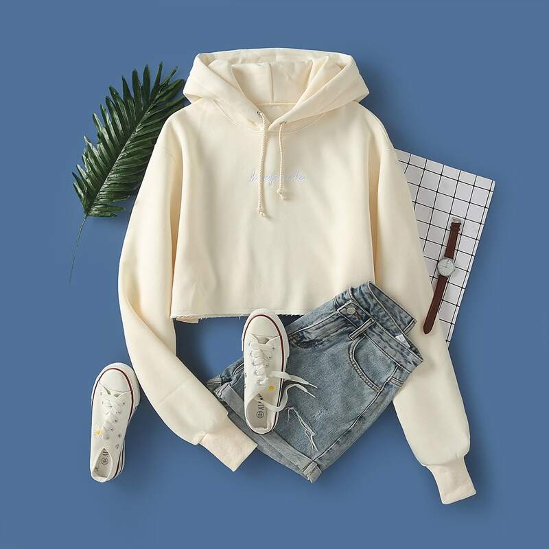 

Letter Embroidered Drawstring Crop Hoodie, Beige