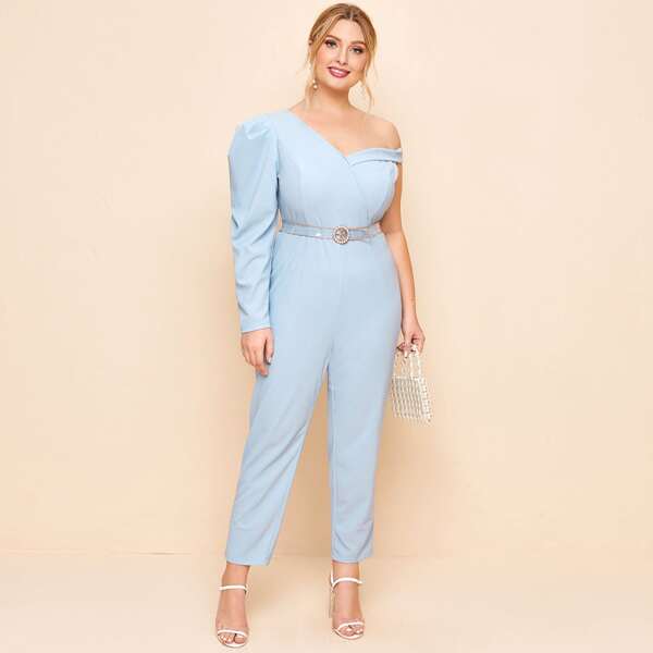 

Plus Asymmetrical Neck Solid Jumpsuit Without Belt, Pastel baby blue