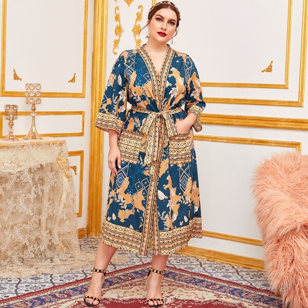 

Plus Pocket Patched Belted Longline Kimono, Multicolor