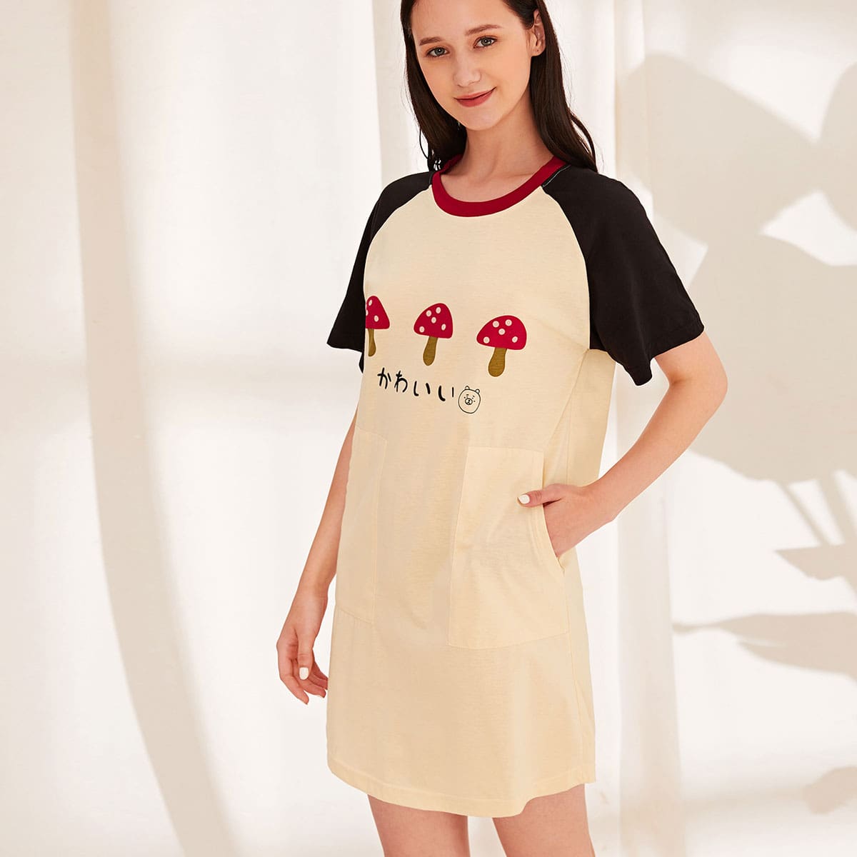 

Mushroom Print Colorblock Night Dress, Apricot