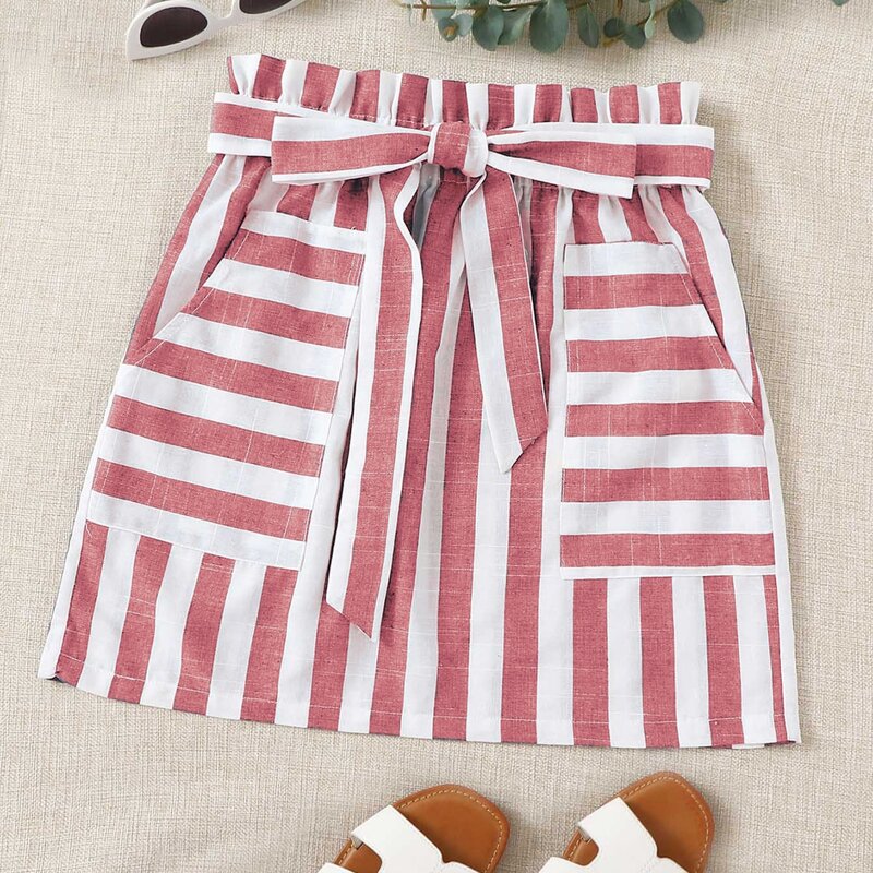 

Paperbag Waist Two Tone Self Belt Striped Skirt, Red and white