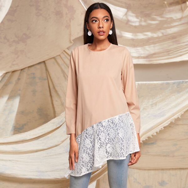 

Contrast Lace Asymmetrical Hem Blouse, Apricot