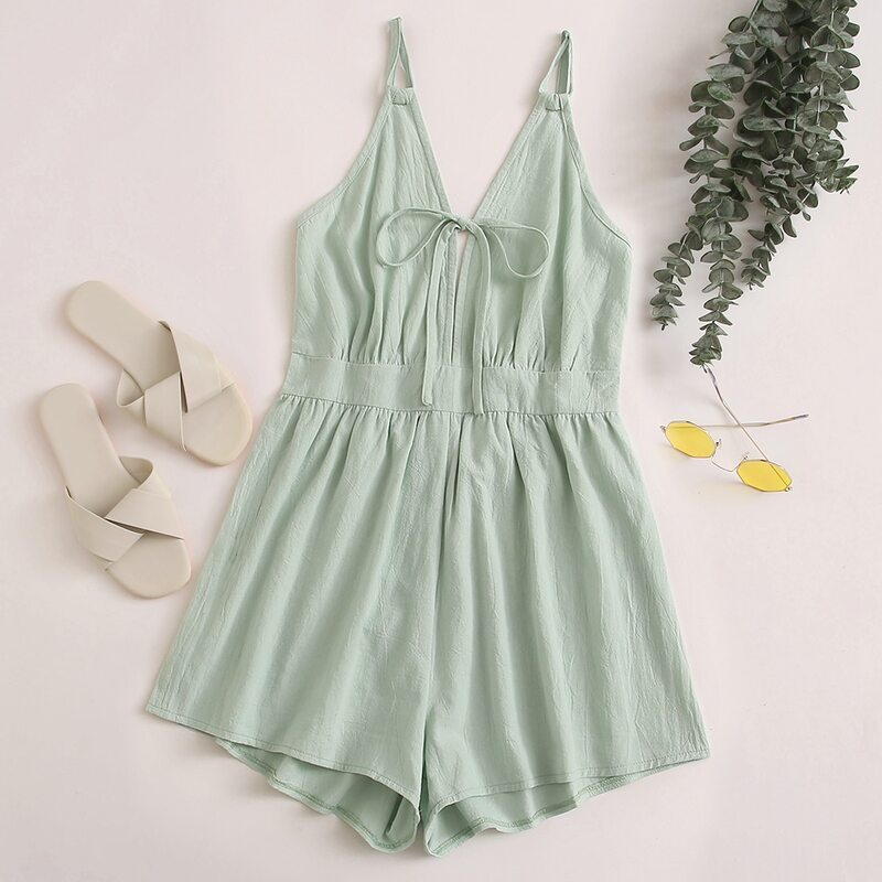 

Solid Tie Front Cami Romper, Mint green