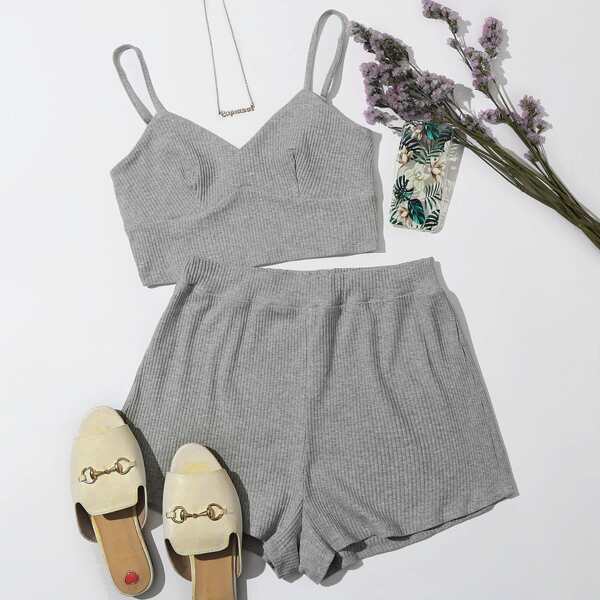 

Rib-knit Cami Top & Shorts Set, Grey