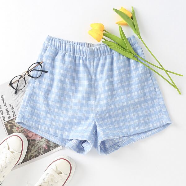 

Plaid Elastic Waist Shorts, Baby blue