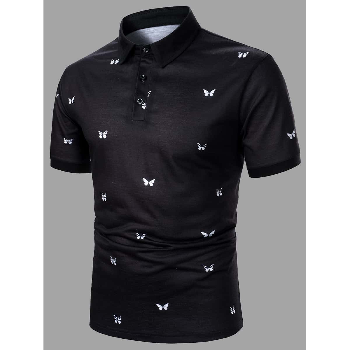 

Guys Butterfly Print Polo Shirt, Black