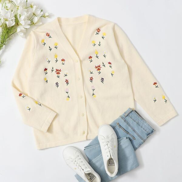 

Floral Embroidery Button Front Cardigan, Beige