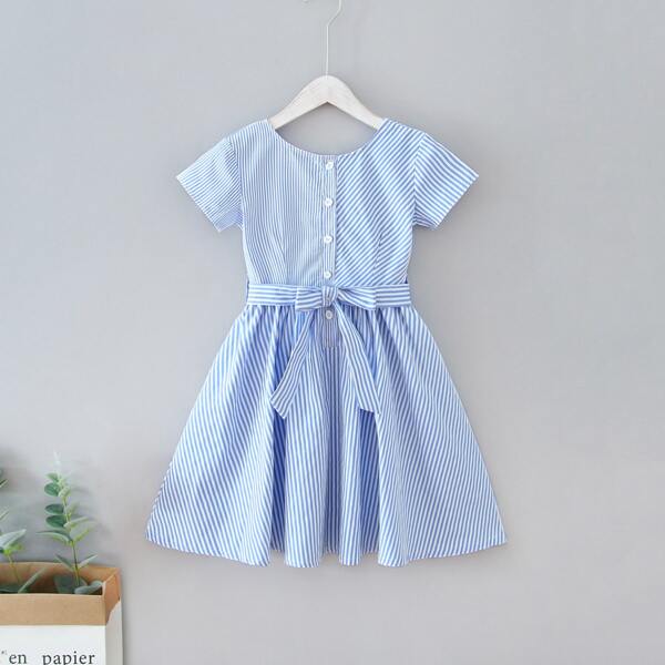 

Girls Striped Half Button Self Tie Flowy Dress, Blue