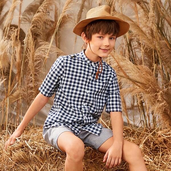 

Boys Pocket Patched Buffalo Plaid Shirt, Blue and white