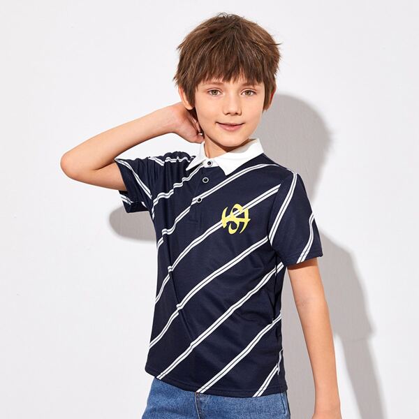 

Boys Contrast Collar Graphic Print Striped Polo Shirt, Navy blue