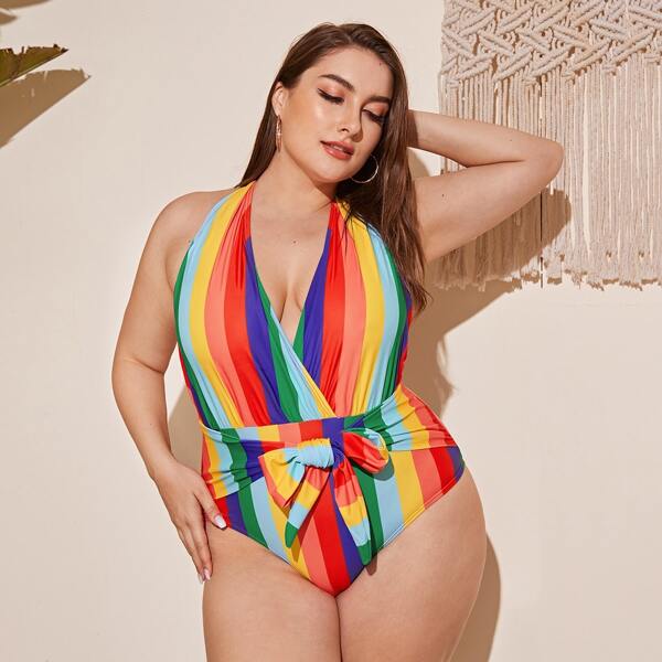 

Plus Rainbow Striped Halter One Piece Swimsuit, Multicolor