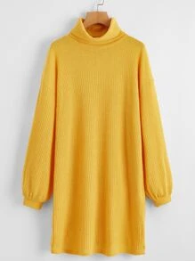 SHEIN Funnel Neck Drop Shoulder Rib-knit Dress - Yellow - View 1