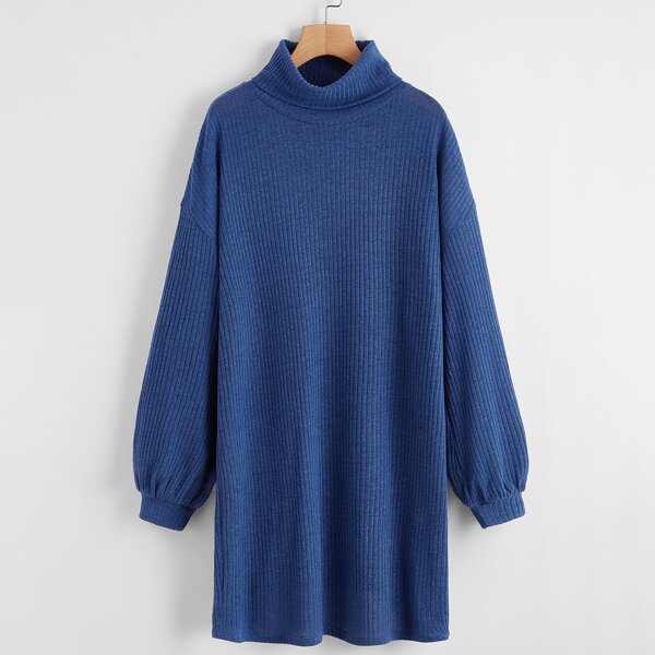 

Funnel Neck Drop Shoulder Rib-knit Dress, Blue