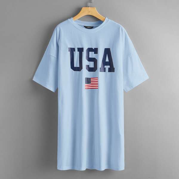 

Drop Shoulder Flag Print Tee Dress, Baby blue