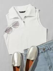 Muchica Button Half Placket Rib-knit Tank Top - White - View 1
