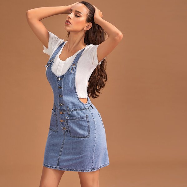 

Button Front Patch Pocket Denim Overall Dress, Medium wash