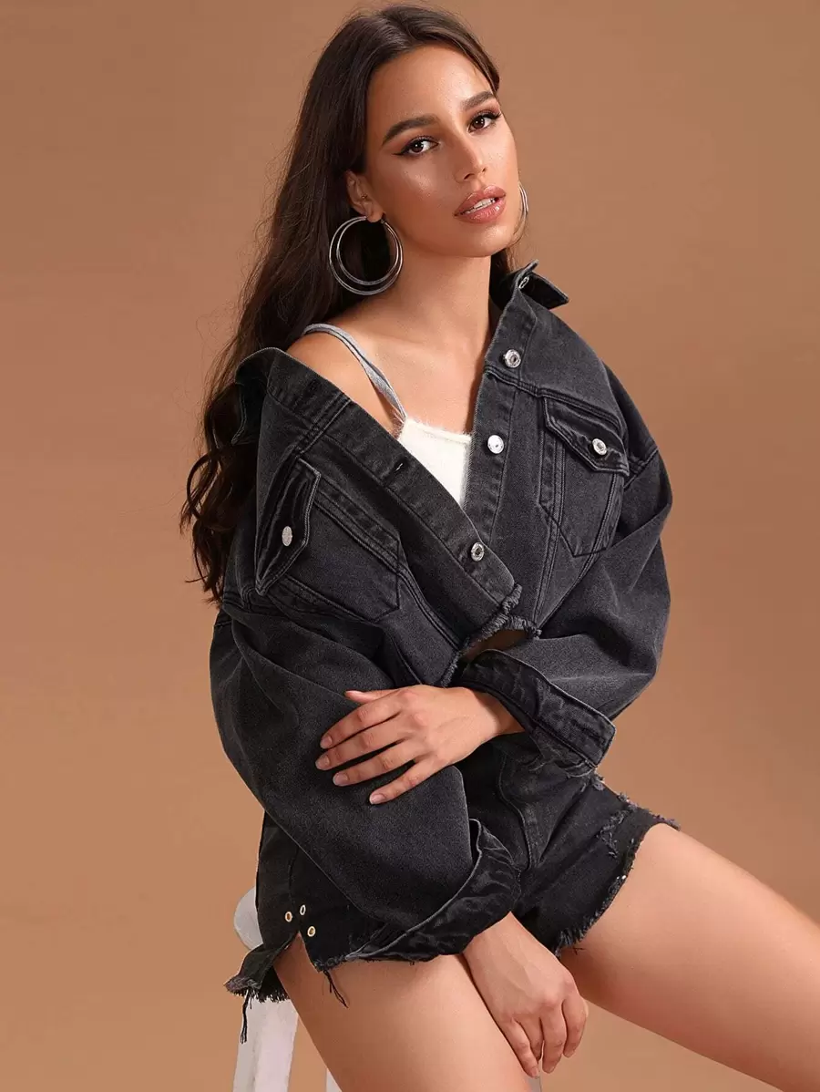 SHEIN Essnce 素色毛邊下擺落肩牛仔夾克