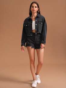 SHEIN Essnce 素色毛邊下擺落肩牛仔夾克