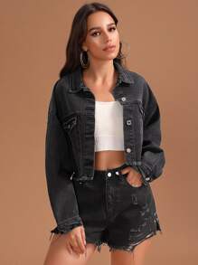 SHEIN Essnce 素色毛邊下擺落肩牛仔夾克