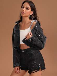 SHEIN Essnce 素色毛邊下擺落肩牛仔夾克