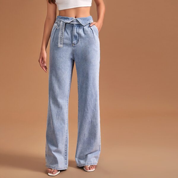 

High-Waisted Light Wash Foldover Waist Belted Baggy Jeans
