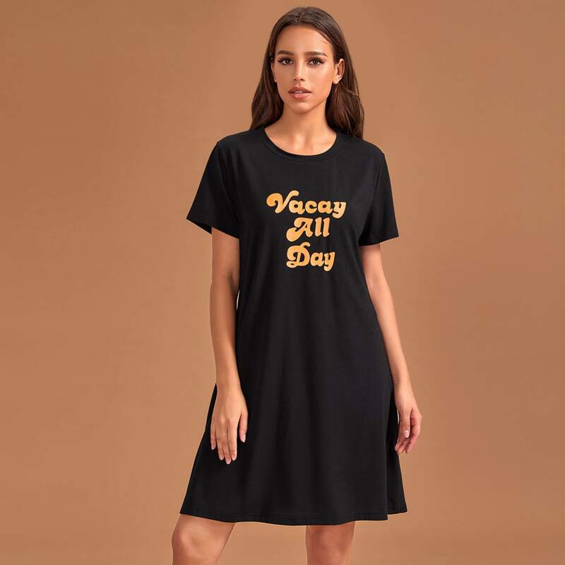 

Letter Graphic Night Dress, Black