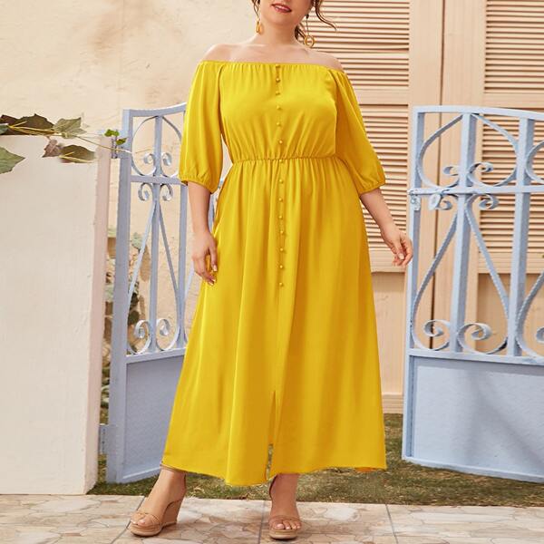 

Plus Off Shoulder Button Front Split Hem Dress, Yellow bright