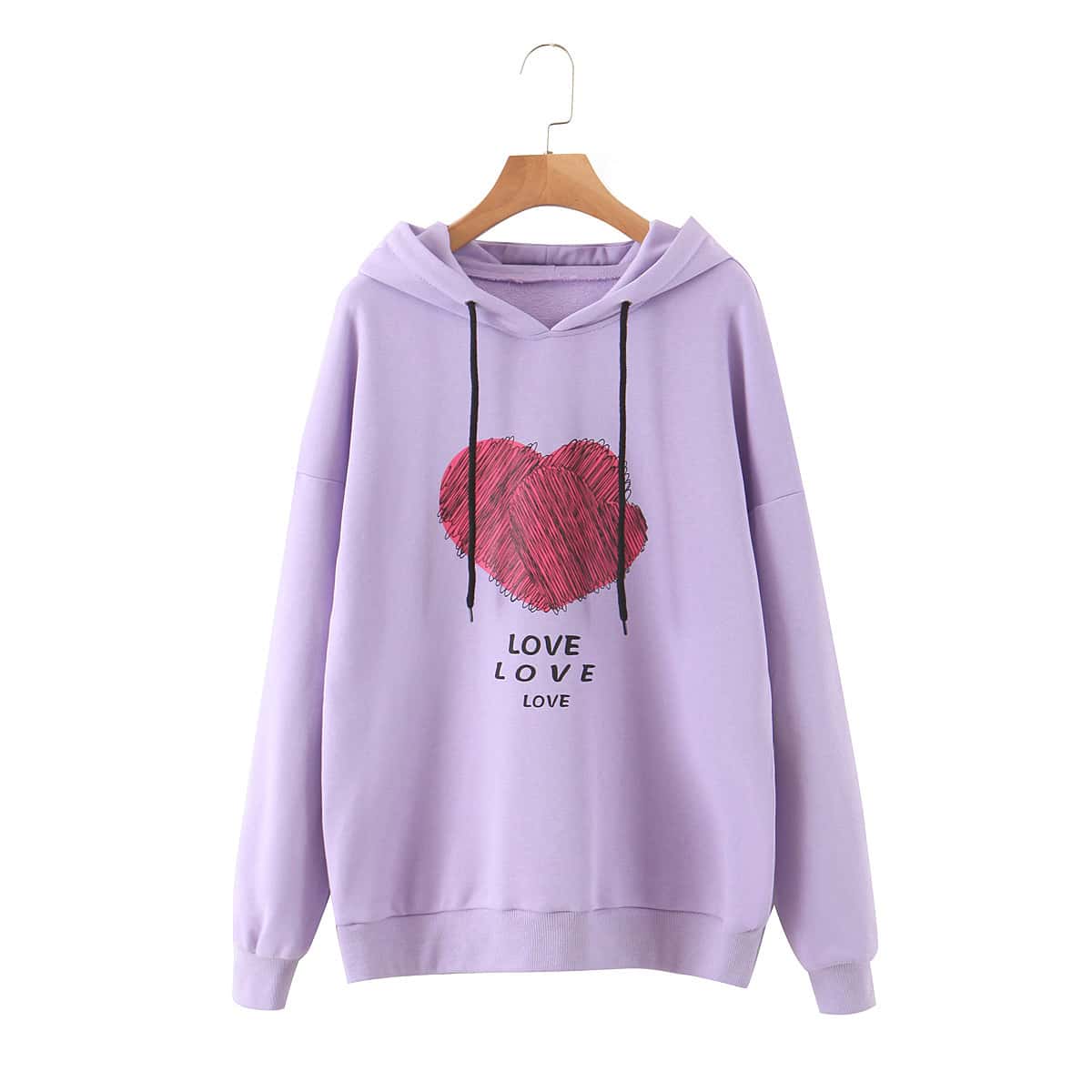 

Heart And Letter Graphic Drawstring Hooded Sweatshirt, Lilac purple