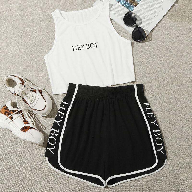 

Letter Graphic Tank Top & Dolphin Shorts PJ Set, Black and white