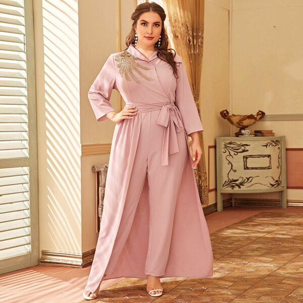 

Plus Shawl Collar Applique Detail Belted Jumpsuit With Skirt, Pastel dusty pink