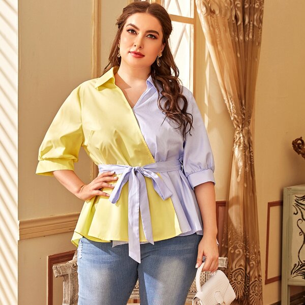 

Plus Two Tone Striped Panel Dip Hem Wrap Blouse, Multicolor
